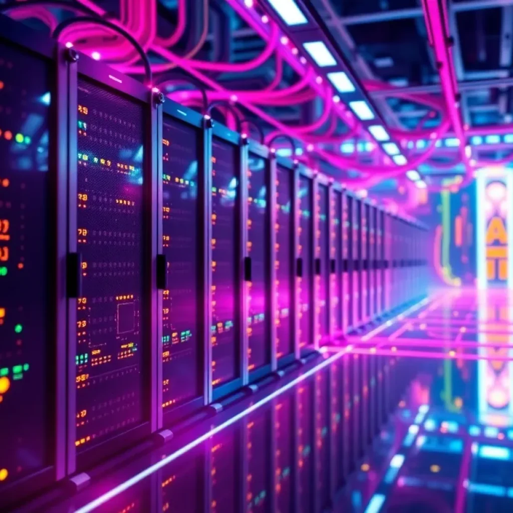 Visual representation of NVIDIA's AI technology with servers and supercomputers.