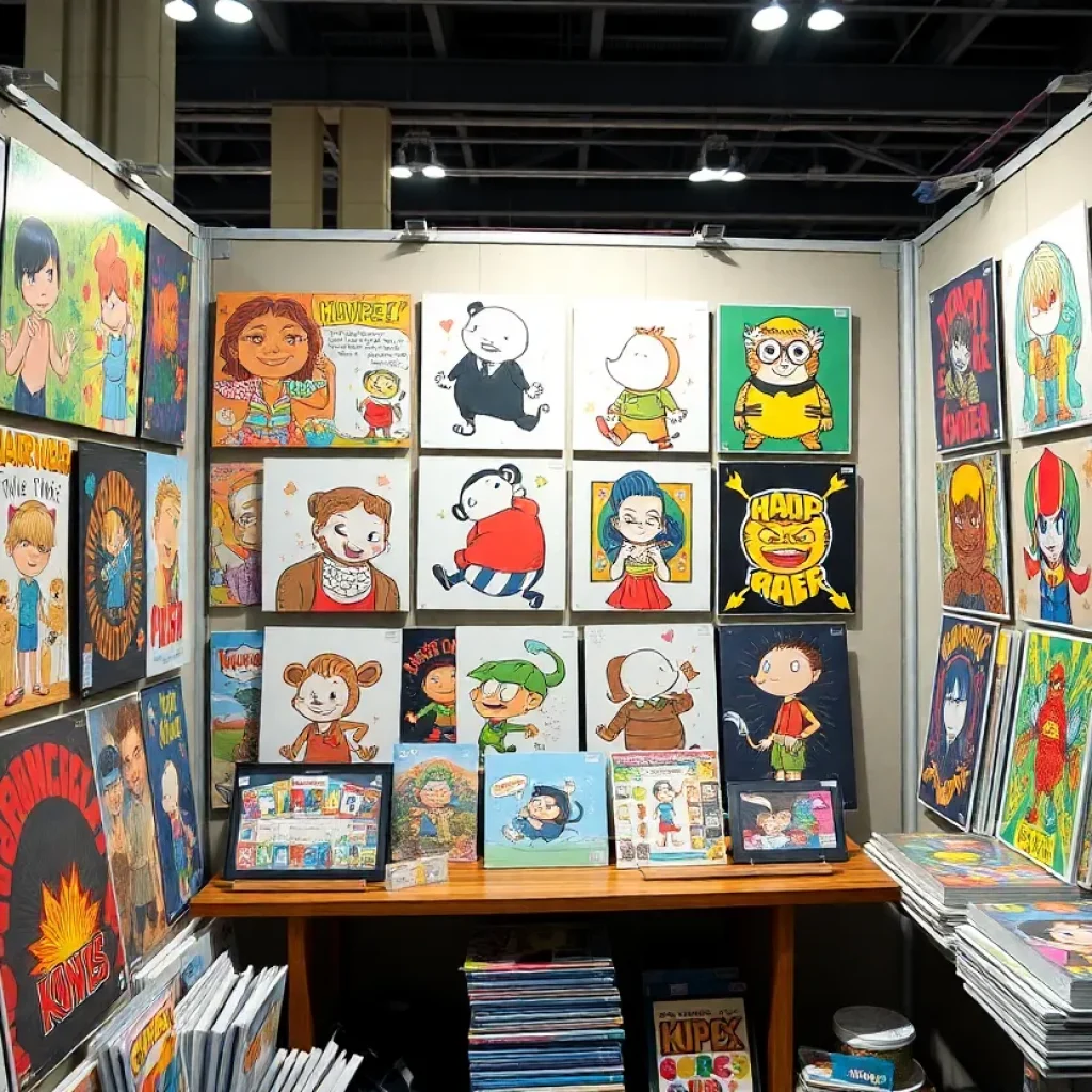 Art booth showcasing Patrick Ballesteros' unique prints and characters.