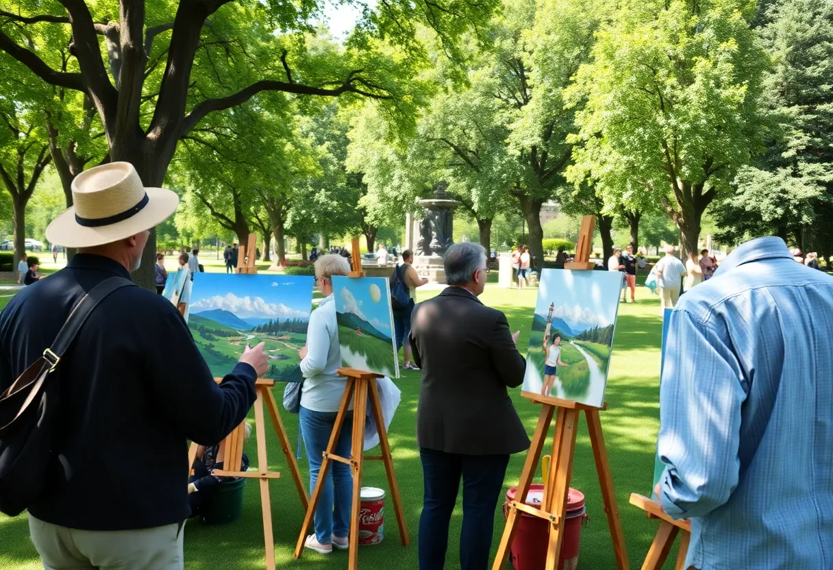 Artists painting outdoors at Spreckels Park during a Plein Air demonstration