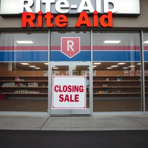 Empty Rite Aid storefront with closing sale sign
