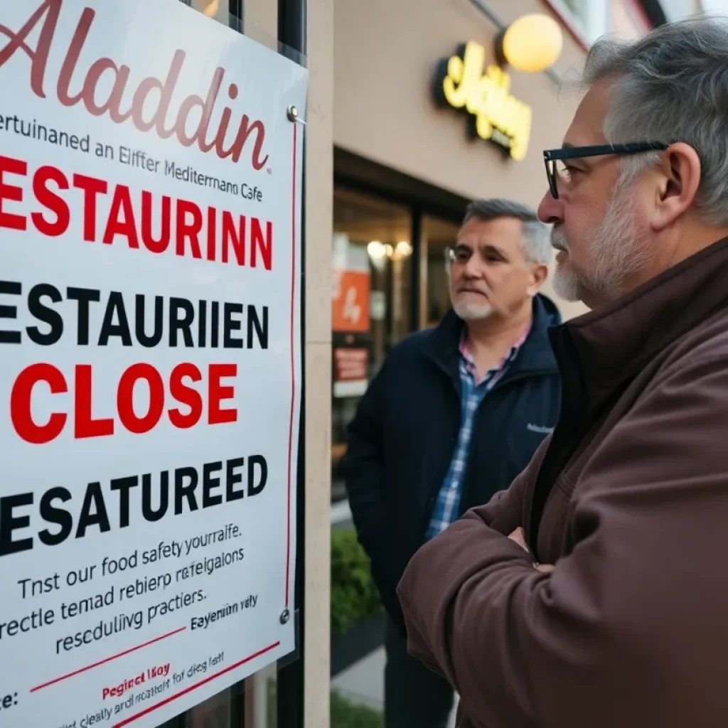Closure sign at Aladdin Mediterranean Café due to salmonella outbreak investigation