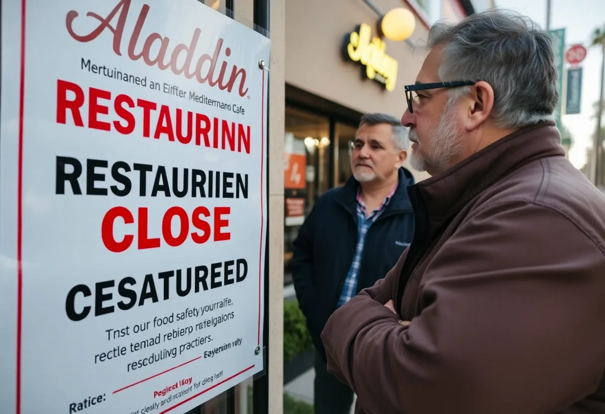 Closure sign at Aladdin Mediterranean Café due to salmonella outbreak investigation