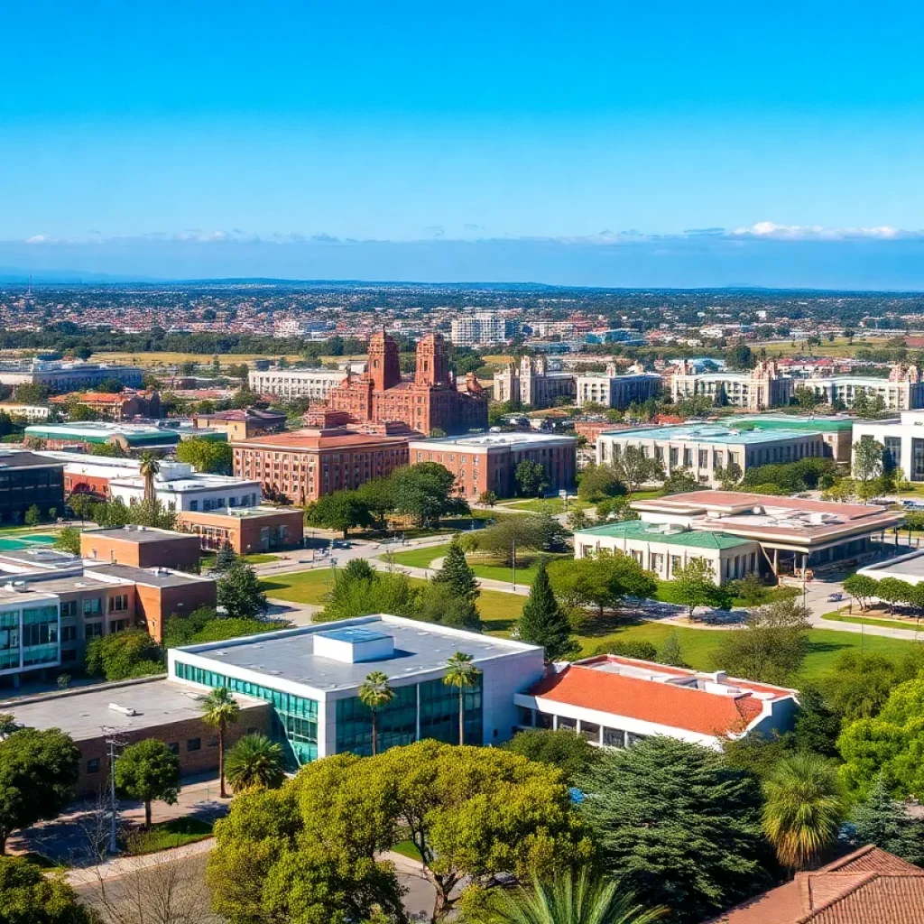 Aerial view of San Diego universities with students and campus facilities