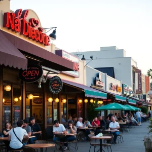 A vibrant street scene of San Diego restaurants, some closed and others open.