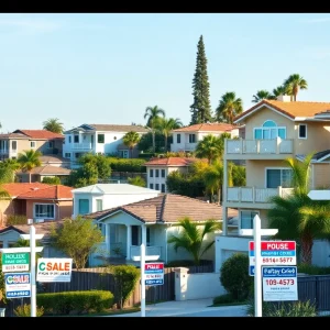 Residential neighborhood in San Diego with homes for sale signs