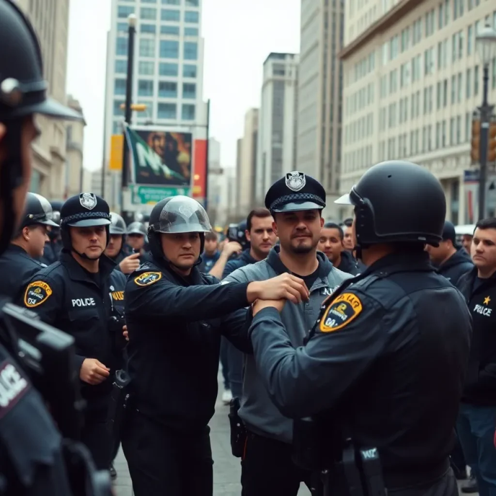 Police officers making an arrest in downtown San Diego
