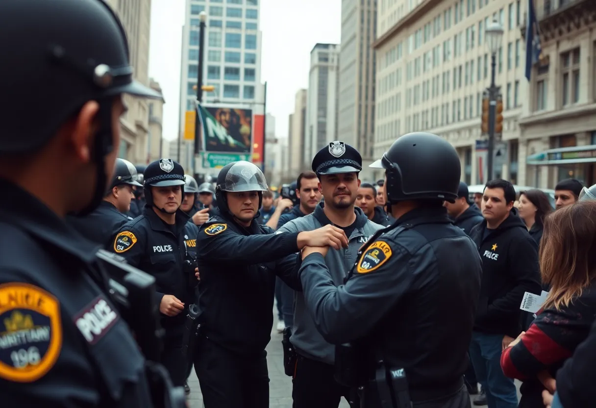Police officers making an arrest in downtown San Diego