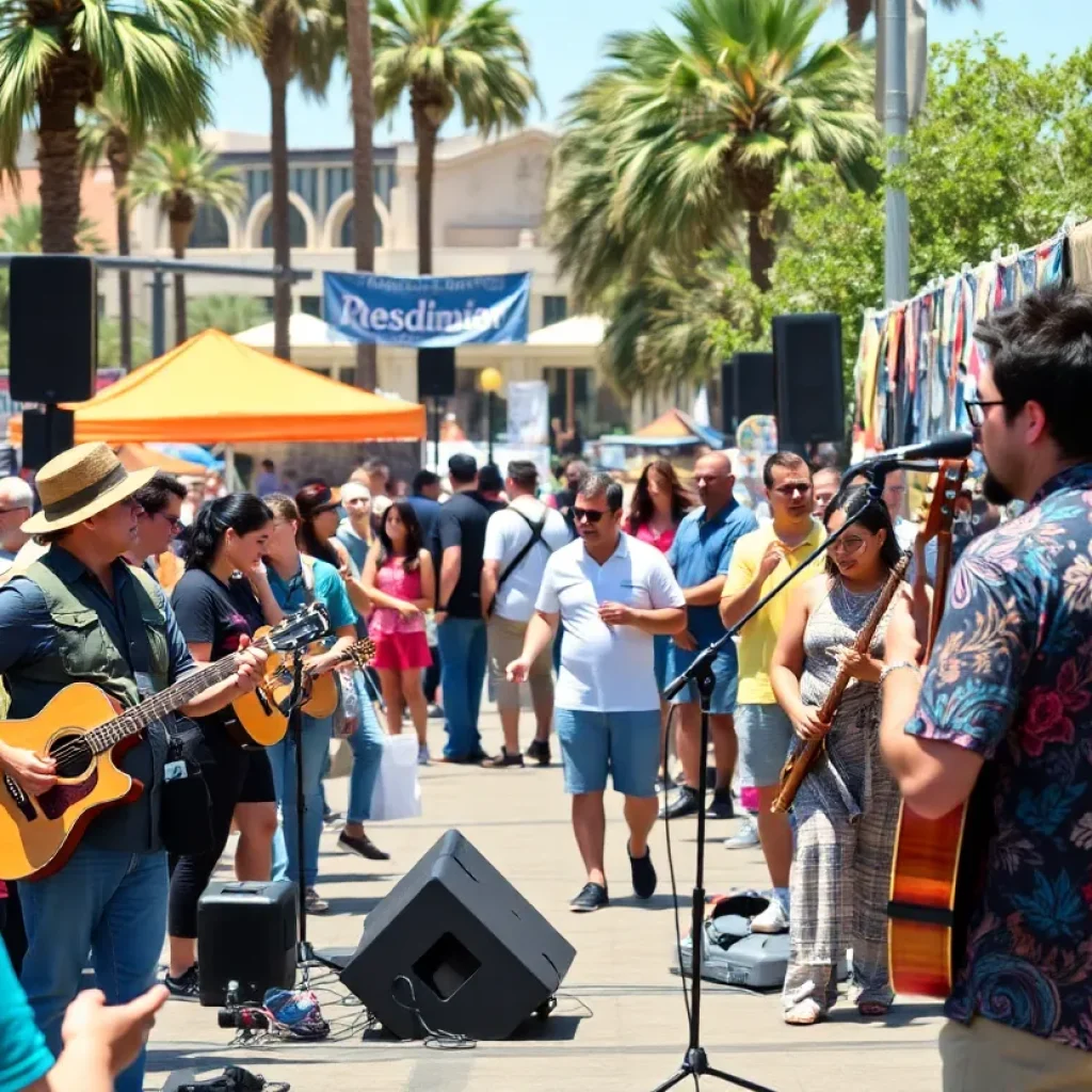 A lively outdoor event in San Diego featuring musicians and local vendors.