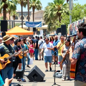 A lively outdoor event in San Diego featuring musicians and local vendors.