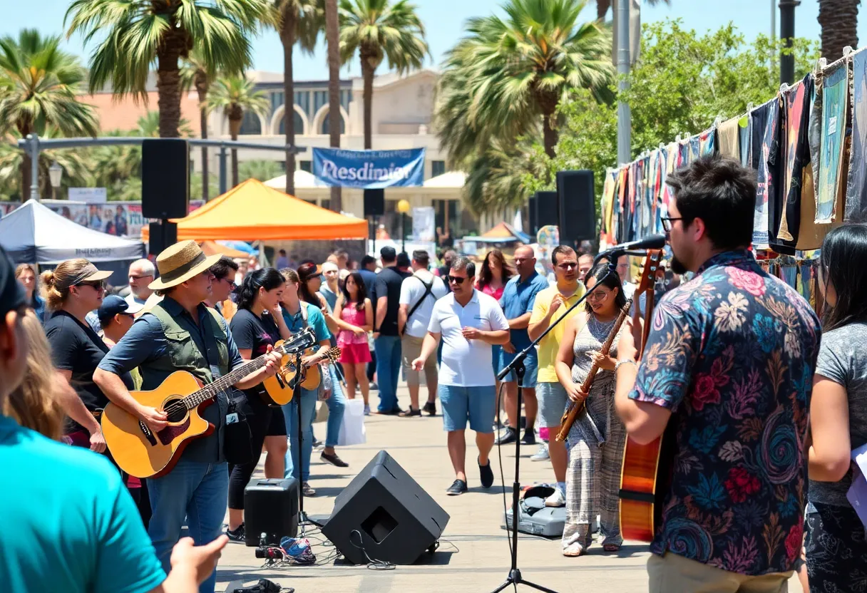 A lively outdoor event in San Diego featuring musicians and local vendors.
