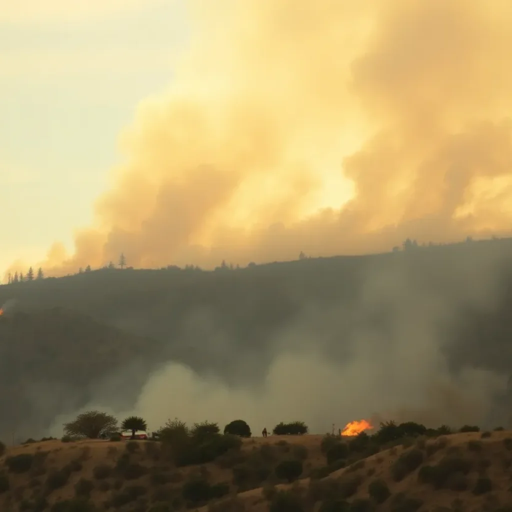 Wildfire burning in San Diego County with emergency responders present
