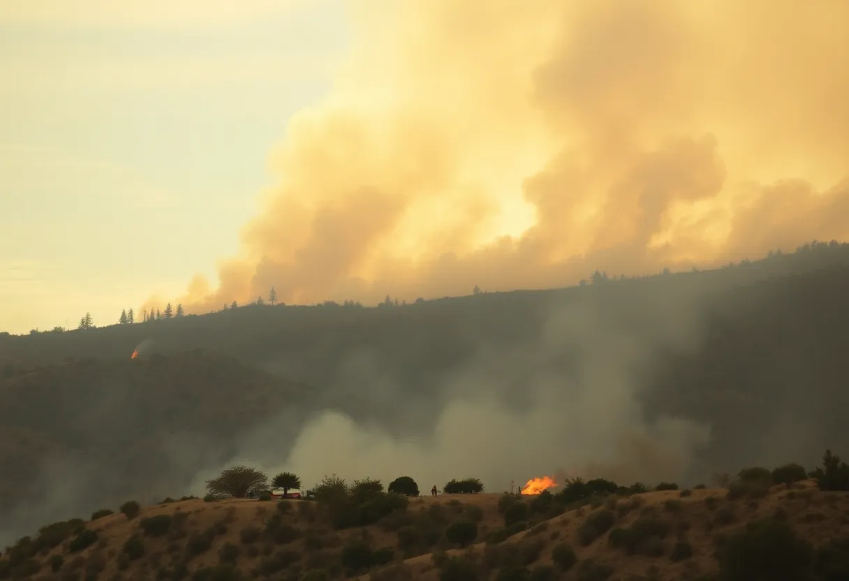 Wildfire burning in San Diego County with emergency responders present