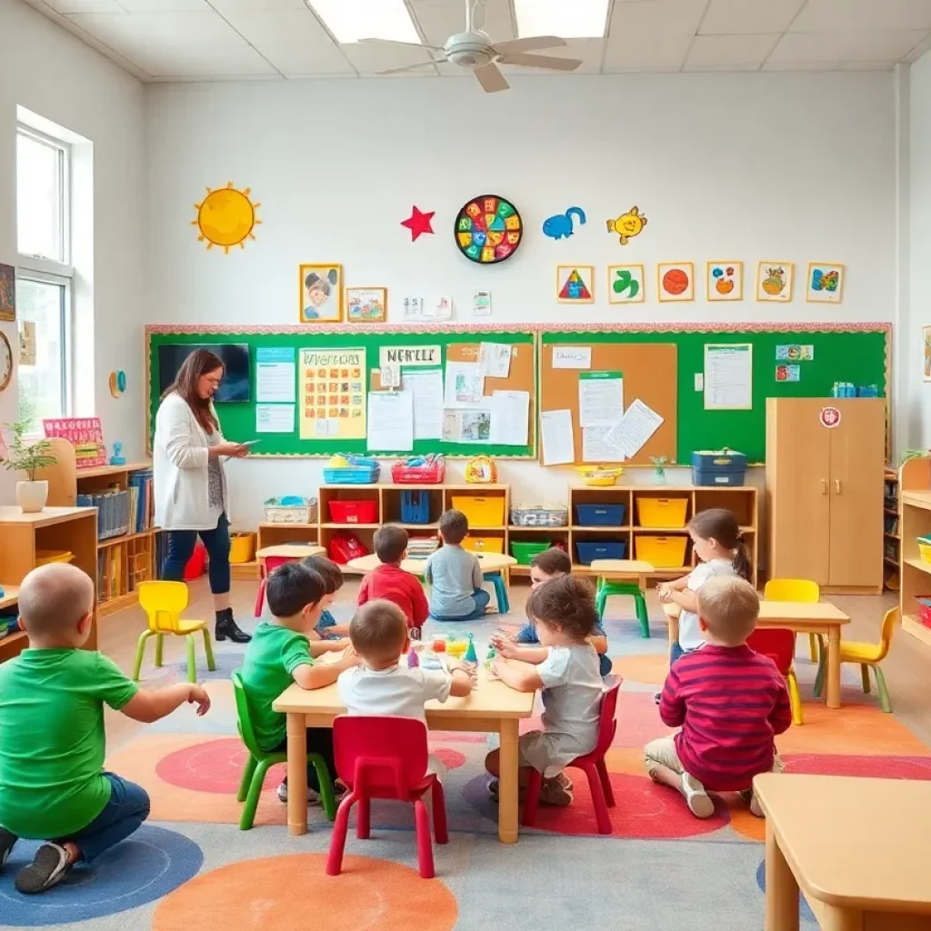 Children engaging in activities in a colorful preschool classroom