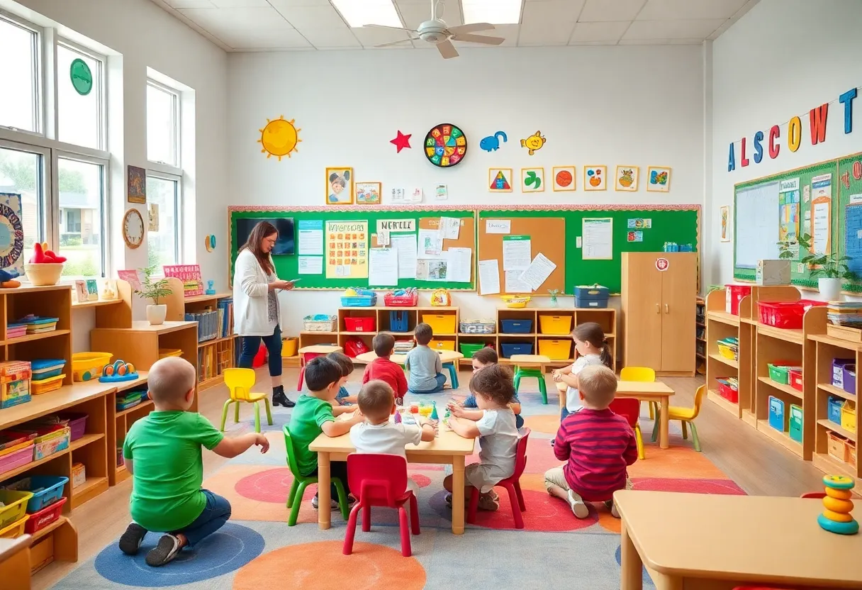 Children engaging in activities in a colorful preschool classroom