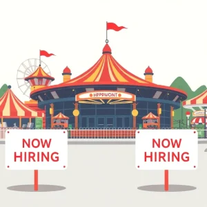 Graphic of Six Flags amusement park with job cut signs