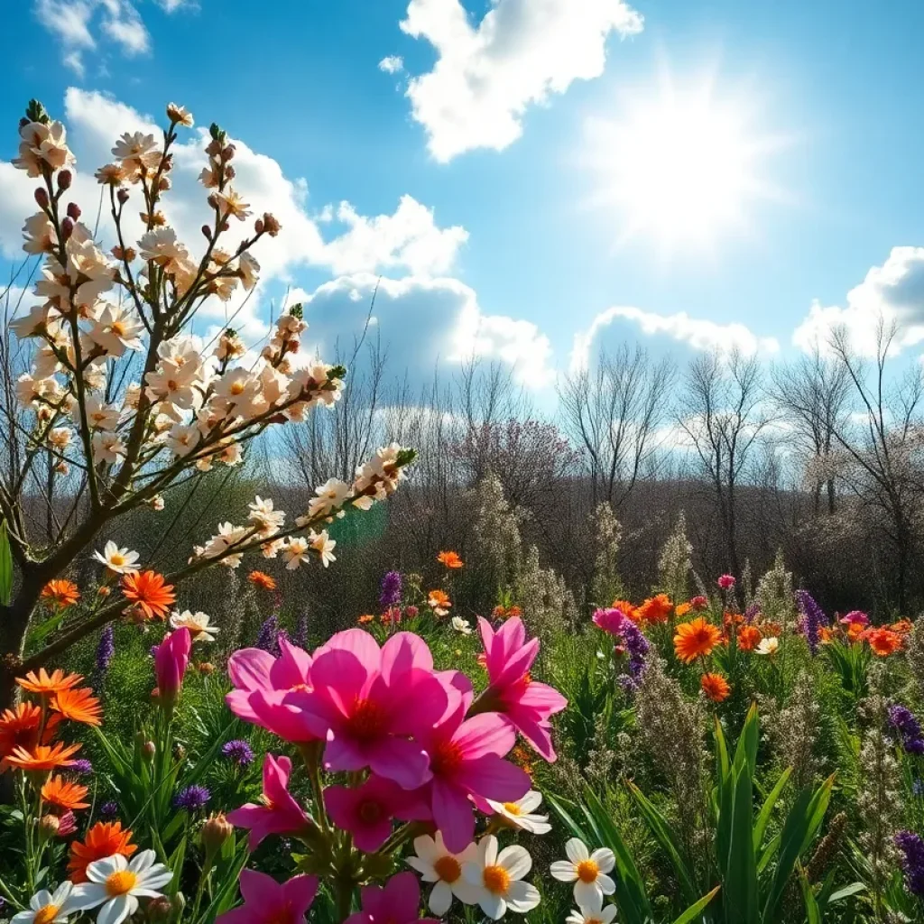 A beautiful spring landscape with blooming flowers under sunny skies.