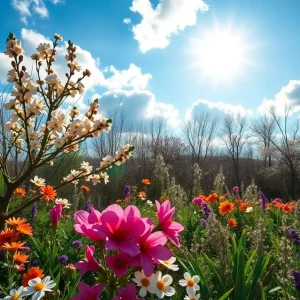 A beautiful spring landscape with blooming flowers under sunny skies.