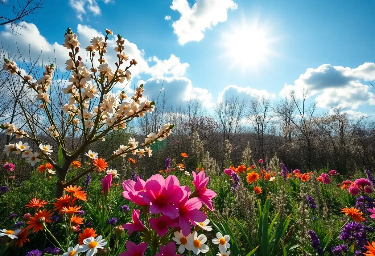 A beautiful spring landscape with blooming flowers under sunny skies.