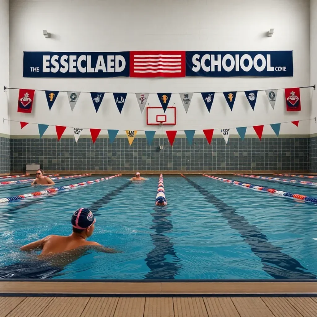 Athletes training in a swimming pool with school banners