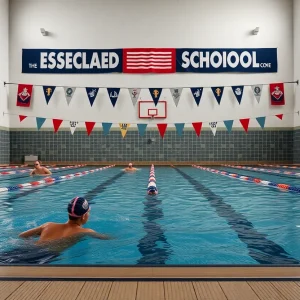 Athletes training in a swimming pool with school banners