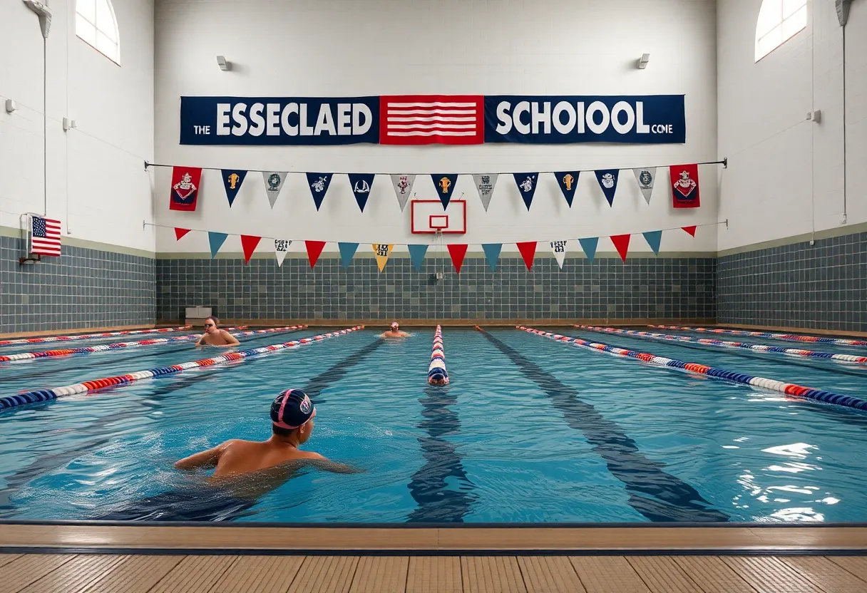 Athletes training in a swimming pool with school banners