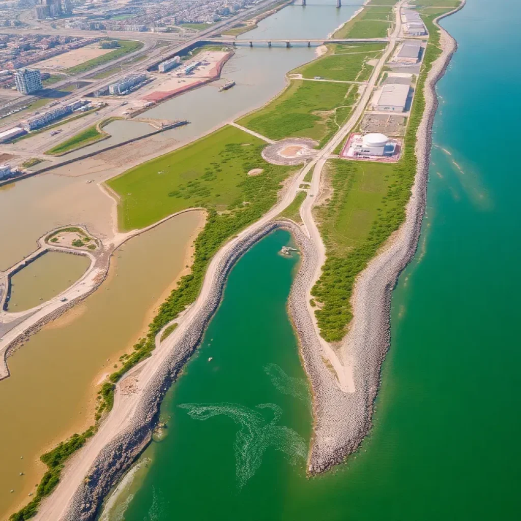 Polluted Tijuana River with surrounding infrastructure