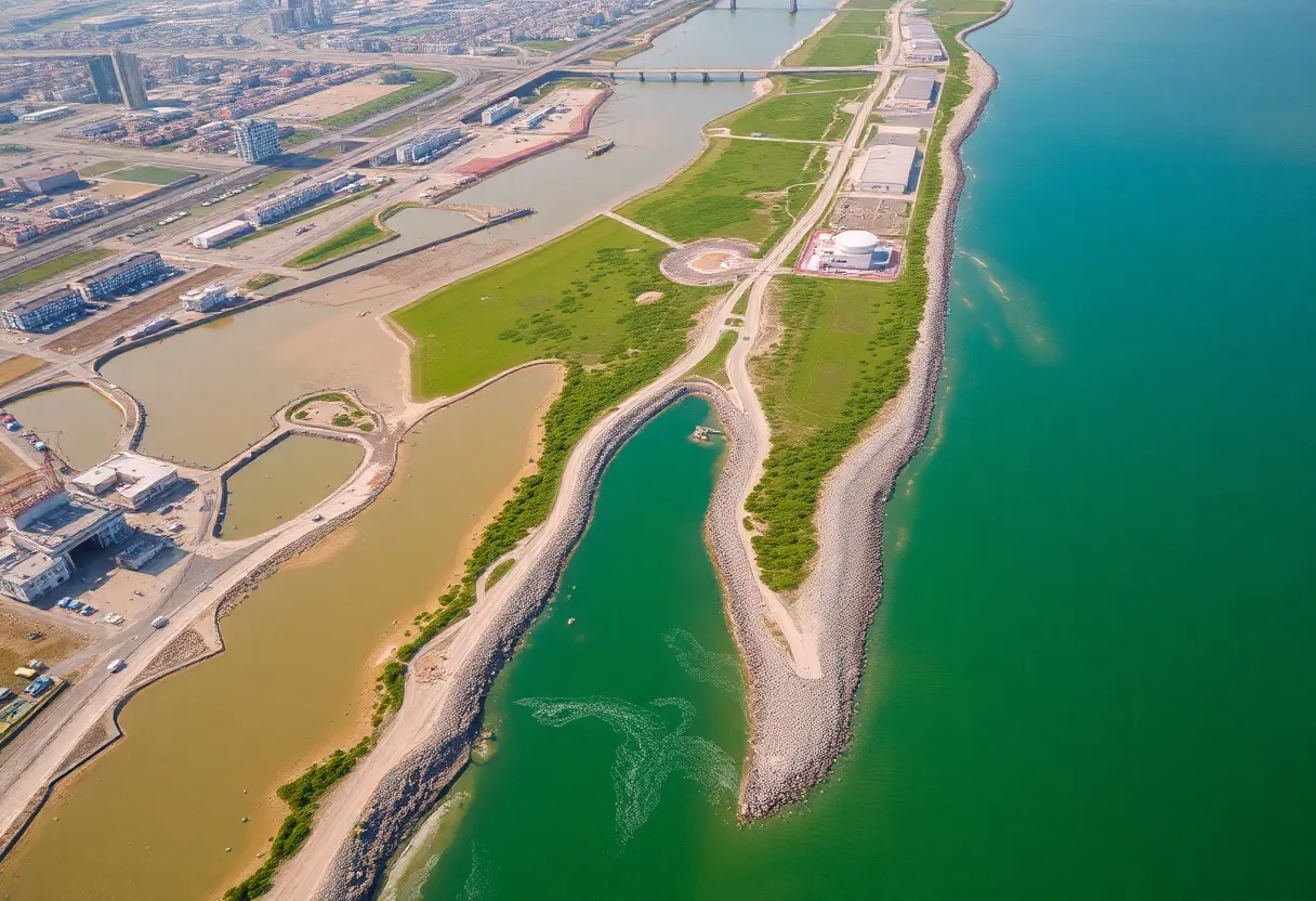 Polluted Tijuana River with surrounding infrastructure
