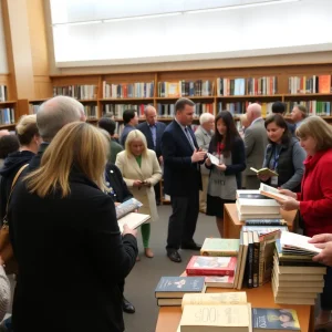 Public event featuring a book discussion at a library.