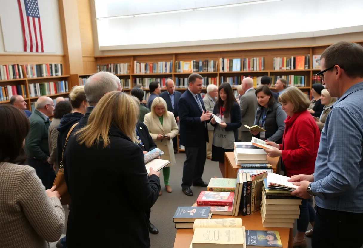 Public event featuring a book discussion at a library.