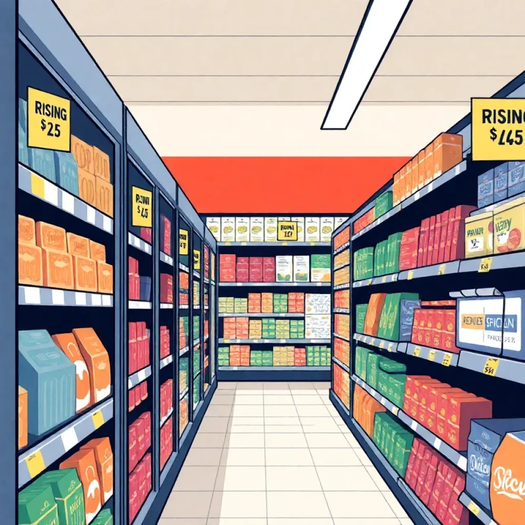 A view of price tags in a grocery store aisle depicting various products and price changes.