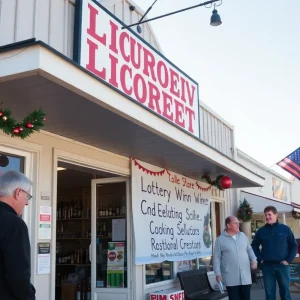 Celebration outside Winters Wine & Liquor after a lottery win