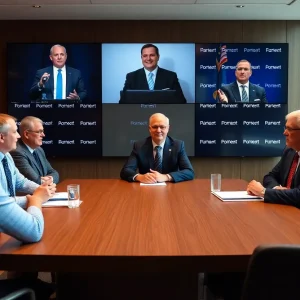 Remote conference of college sports commissioners discussing new compliance guidelines.