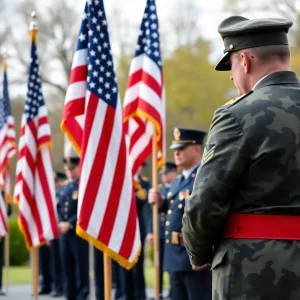 Ceremony honoring Colonel Paul L. Corriere Jr. with military personnel and flags.