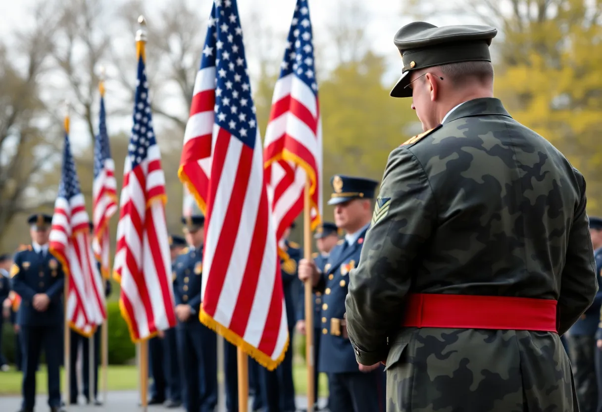 Ceremony honoring Colonel Paul L. Corriere Jr. with military personnel and flags.