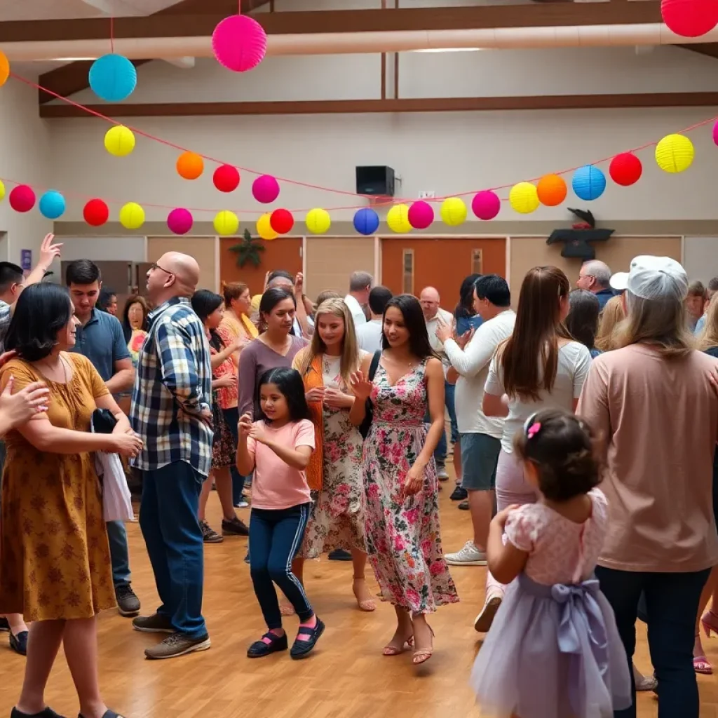 Families dancing together at the Community Center Dance Party.