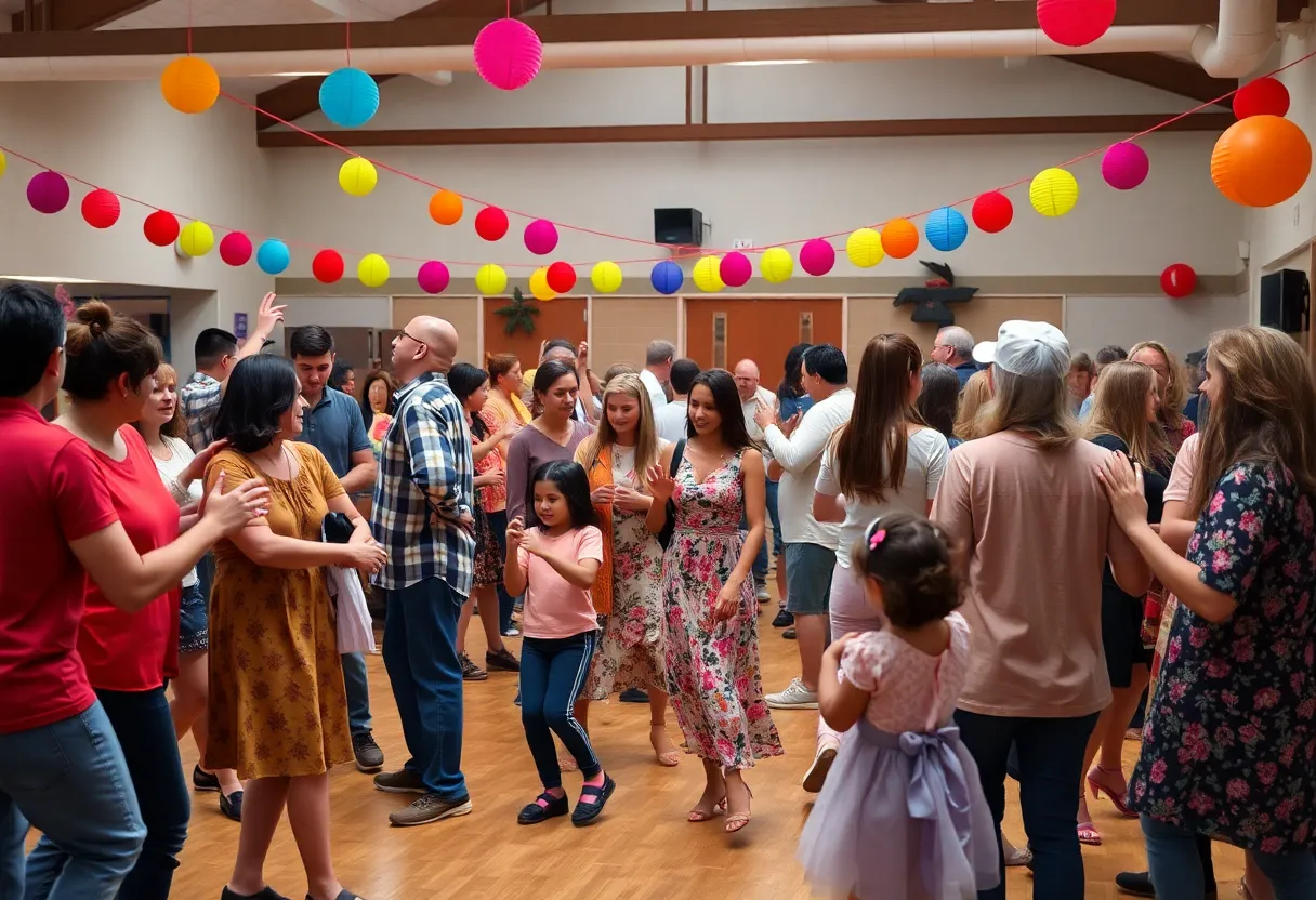 Families dancing together at the Community Center Dance Party.