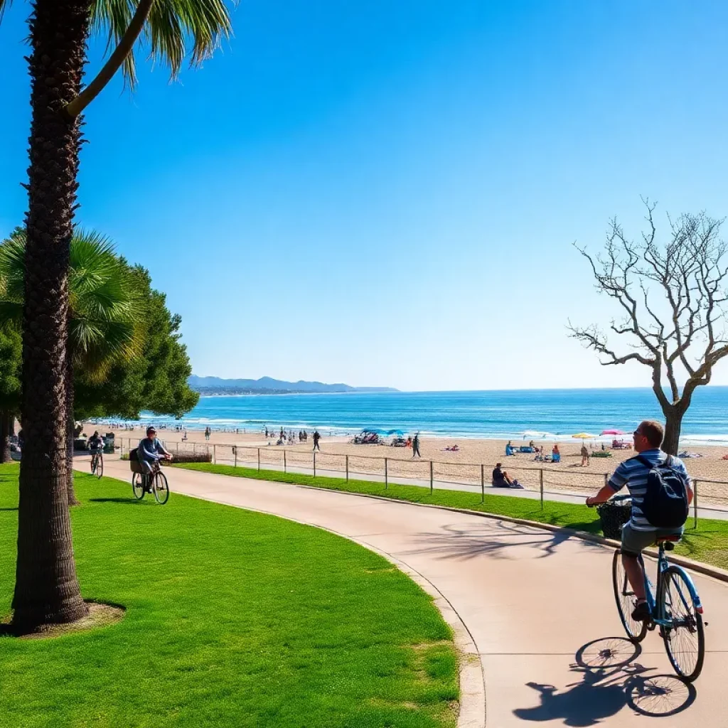 Bicycle path beside Coronado beach with people riding bikes and walking.