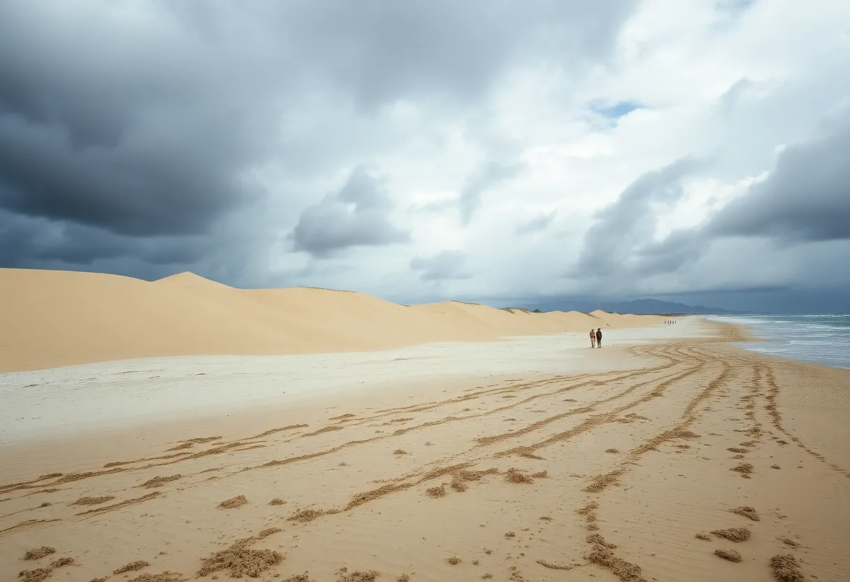Eroded Coronado beach with exposed sand dunes and stormy sky.