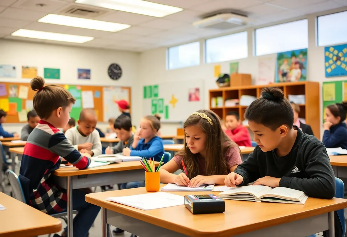 Students participating in educational activities in a classroom.