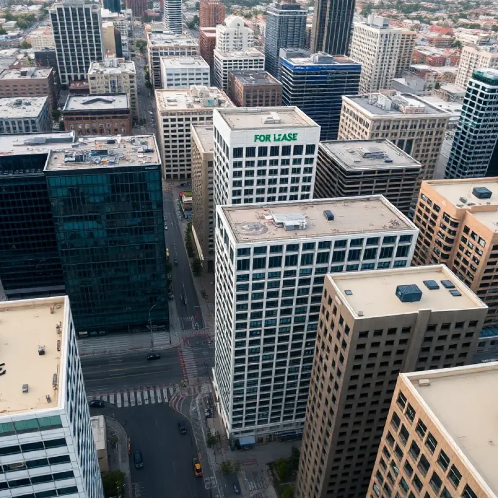 Aerial view of downtown San Diego with visible office spaces and vacancies.