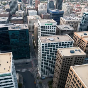 Aerial view of downtown San Diego with visible office spaces and vacancies.