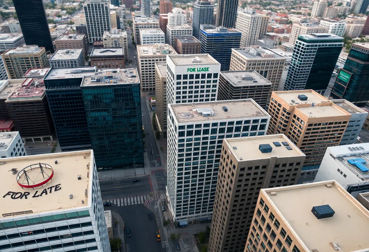 Aerial view of downtown San Diego with visible office spaces and vacancies.