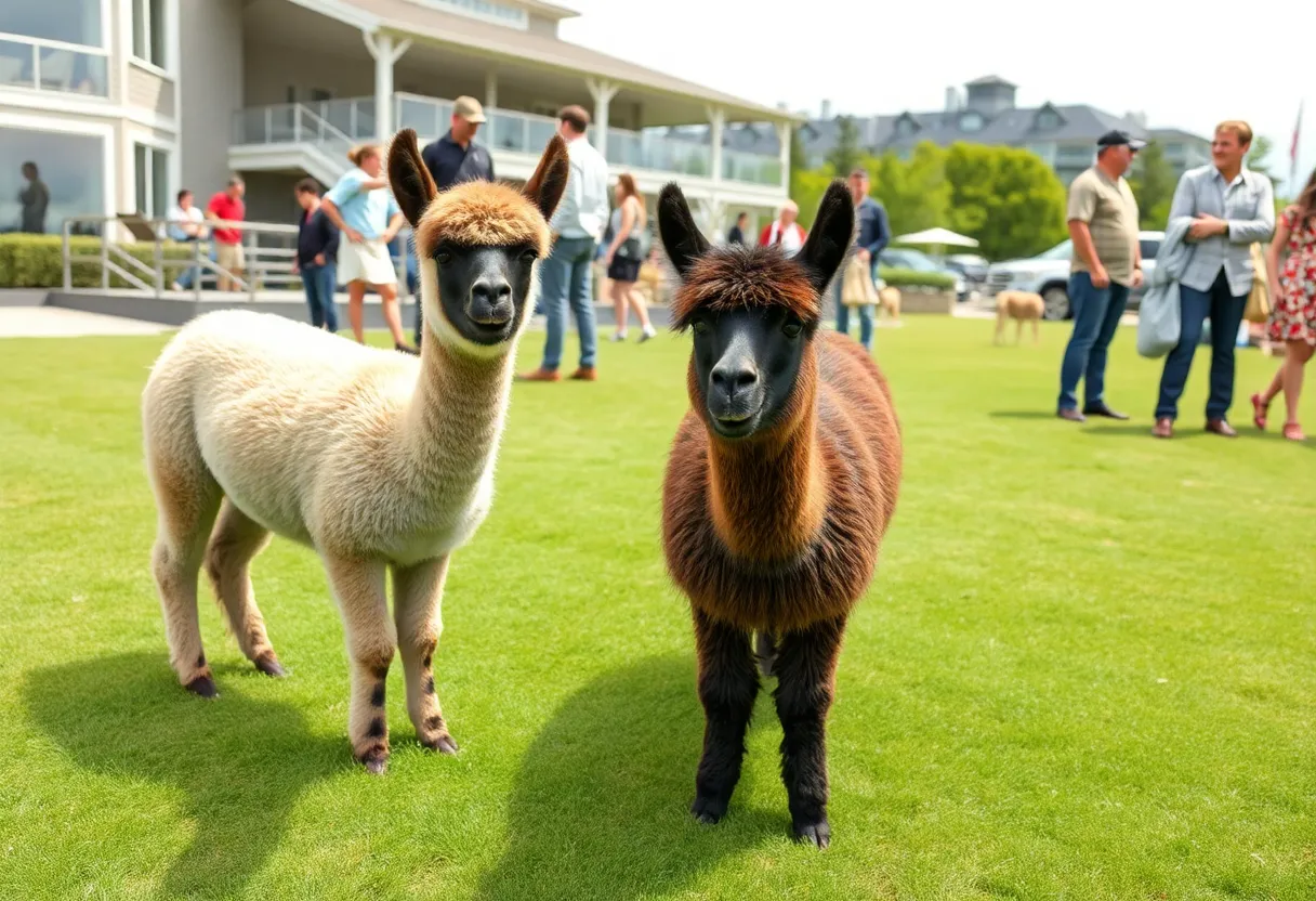 Two Huacaya alpacas grazing at a community event in Coronado.