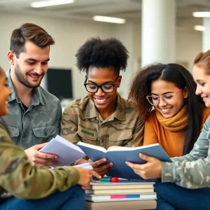 Military-connected students collaborating in a study setting