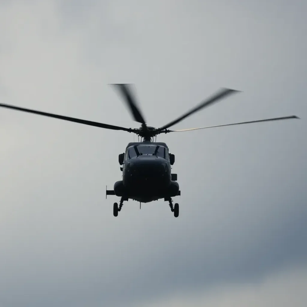 A naval helicopter in flight against dark skies