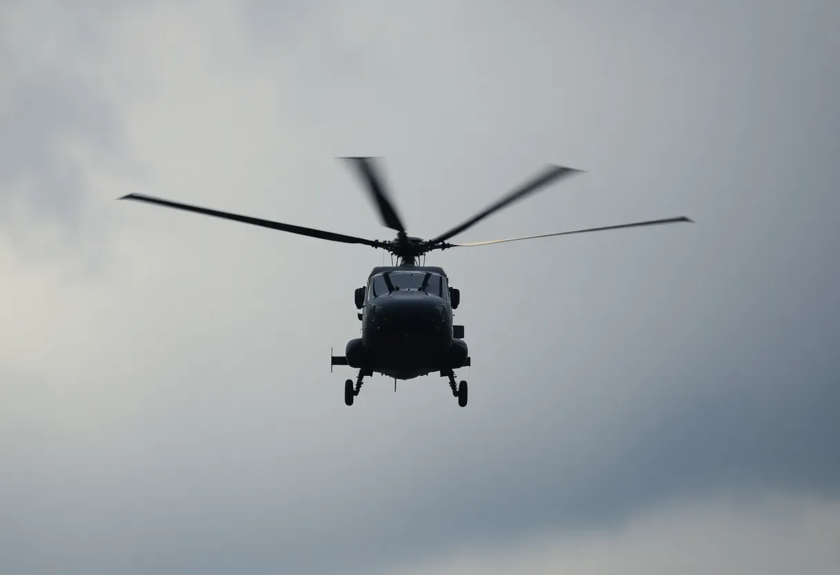 A naval helicopter in flight against dark skies