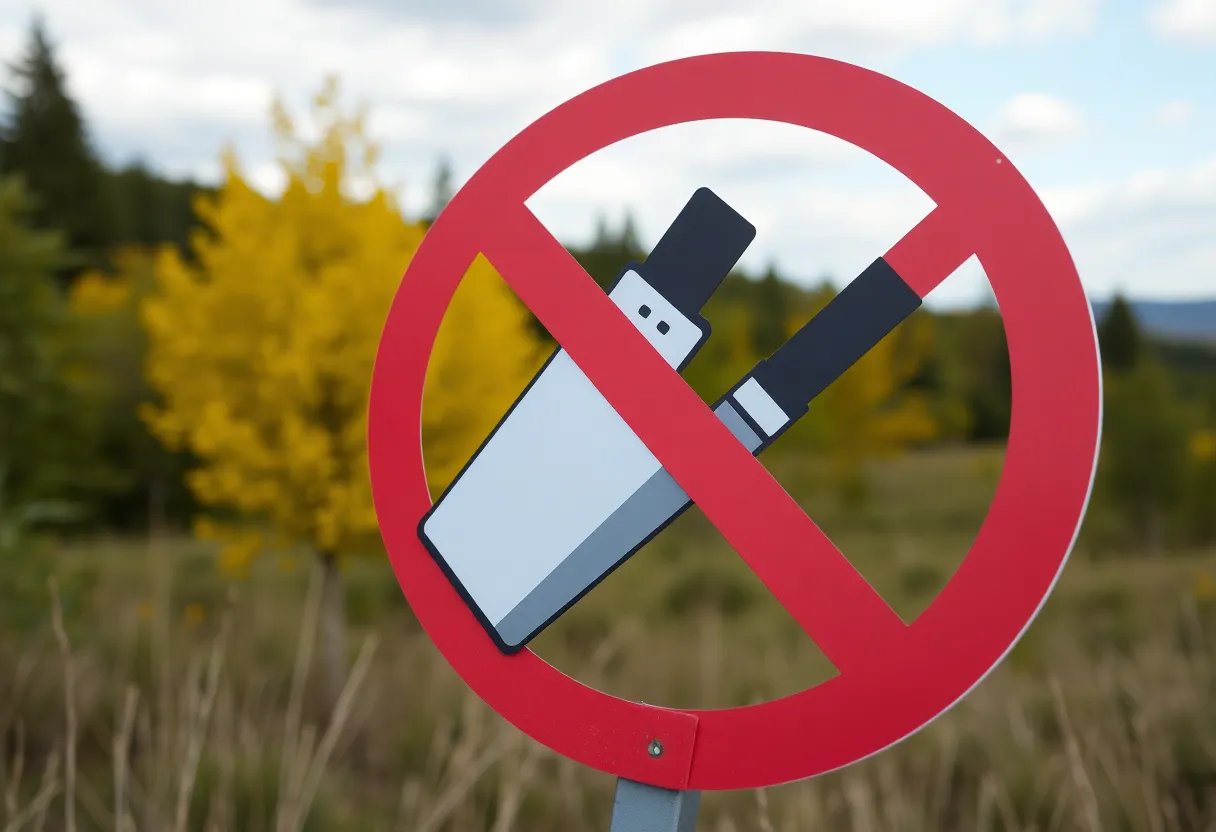Illustration depicting a no symbol over disposable vapes, surrounded by greenery.