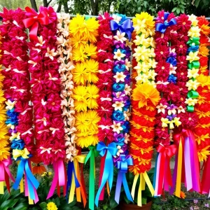 Colorful ribbon leis displayed for the fundraiser