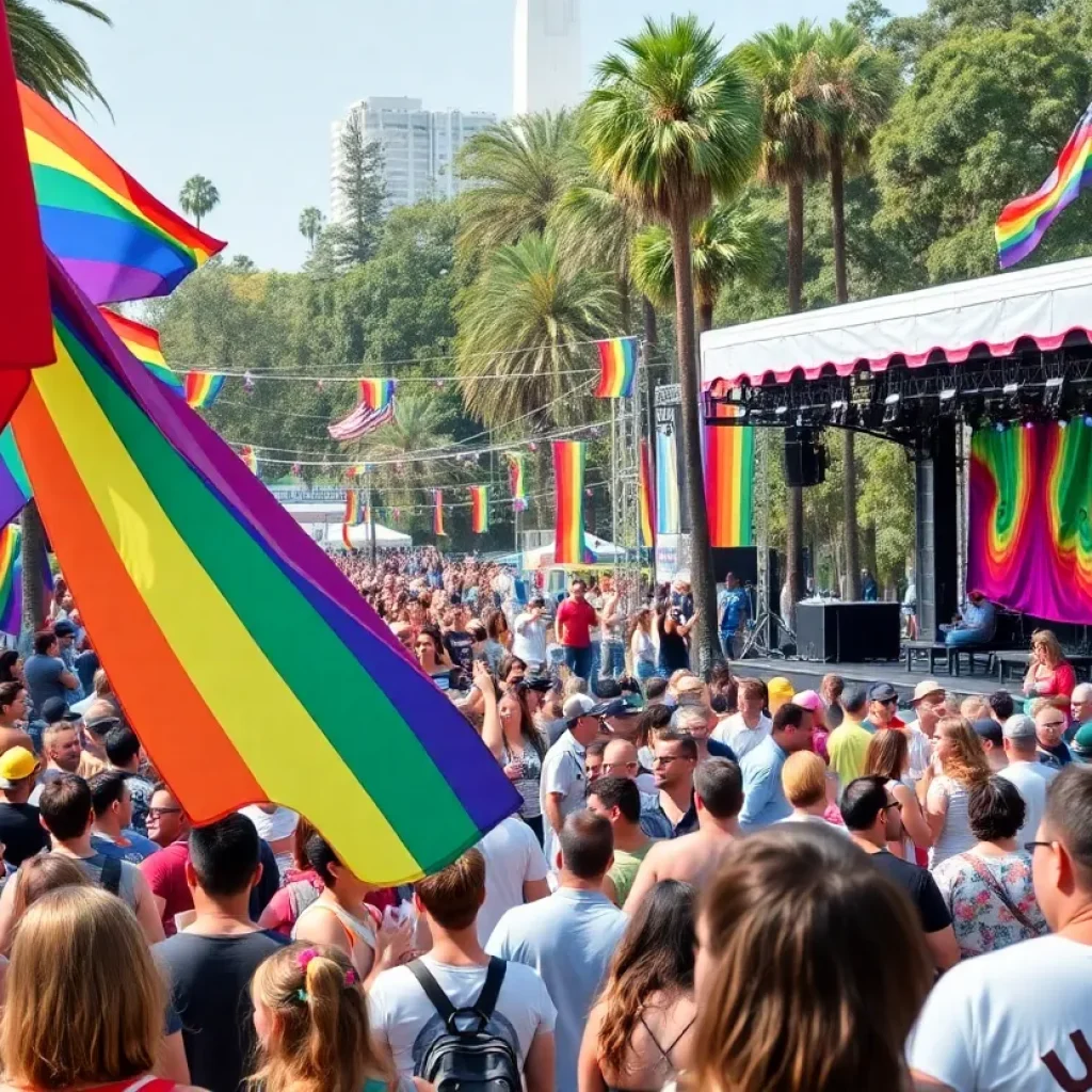 A lively scene from San Diego Pride Festival with colorful decorations and diverse participants.