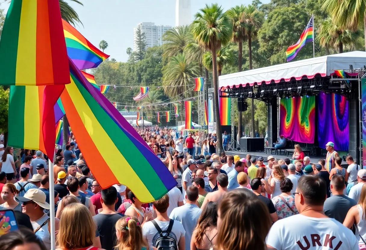 A lively scene from San Diego Pride Festival with colorful decorations and diverse participants.
